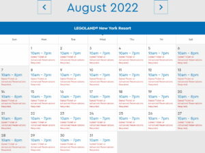 LEGOLAND New York Park Hours August 2022