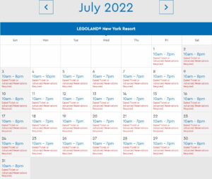 LEGOLAND New York Park Hours July 2022