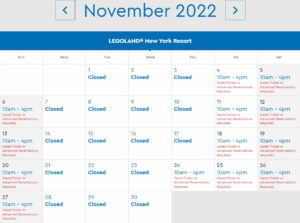 LEGOLAND New York Park Hours November 2022