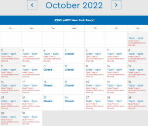 LEGOLAND New York Park Hours October 2022