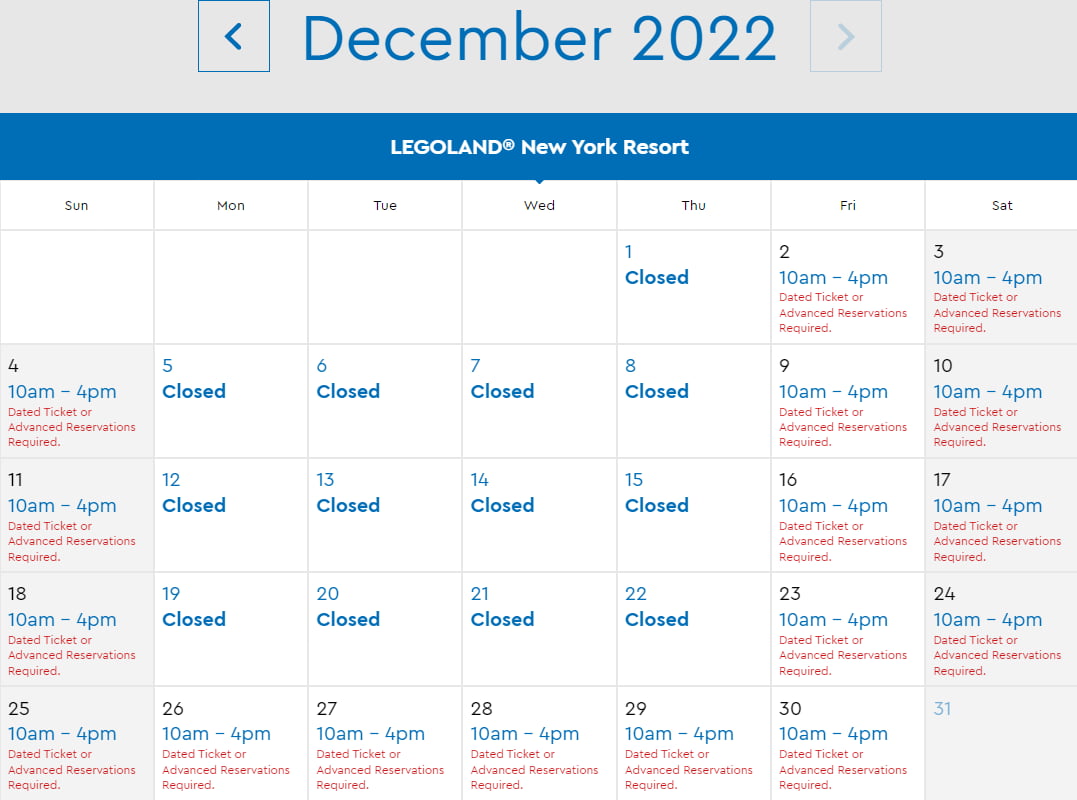 LEGOLAND New York Park Hours December 2022