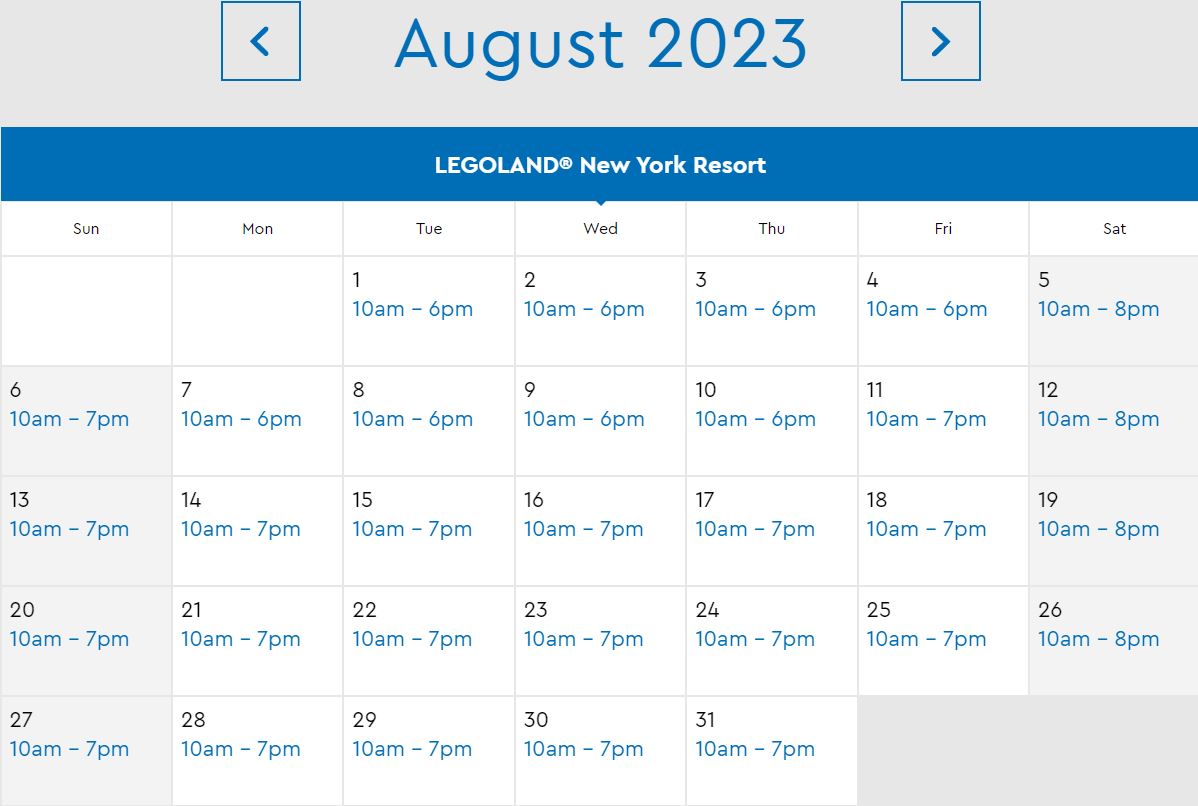 LEGOLAND New York Park Hours August 2023