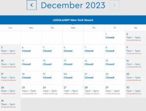 LEGOLAND New York Park Hours December 2023