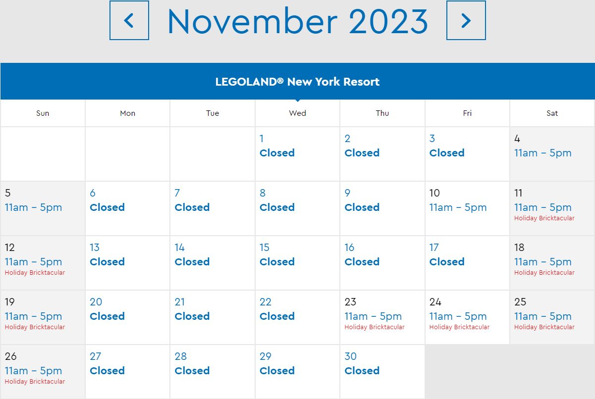 LEGOLAND New York Park Hours November 2023