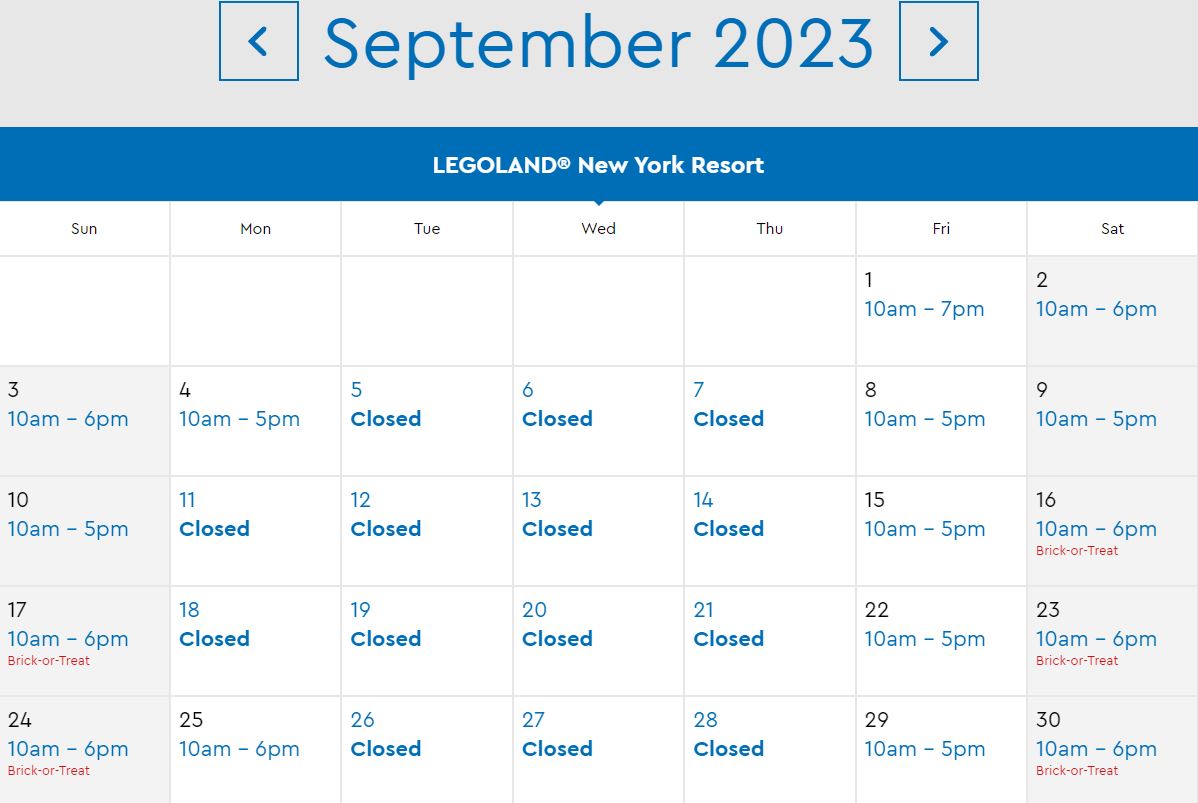 LEGOLAND New York Park Hours September 2023