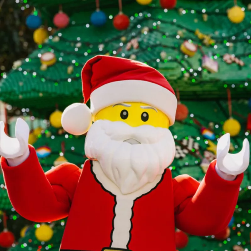 LEGO Santa in front of LEGO Holiday Christmas Tree